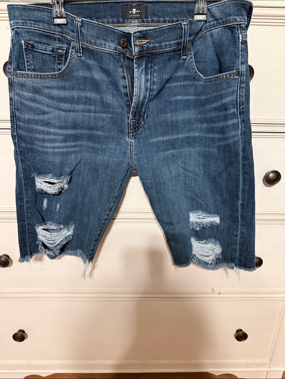 7 For All Mankind Distressed Dark Blue Denim Cutoff Shorts